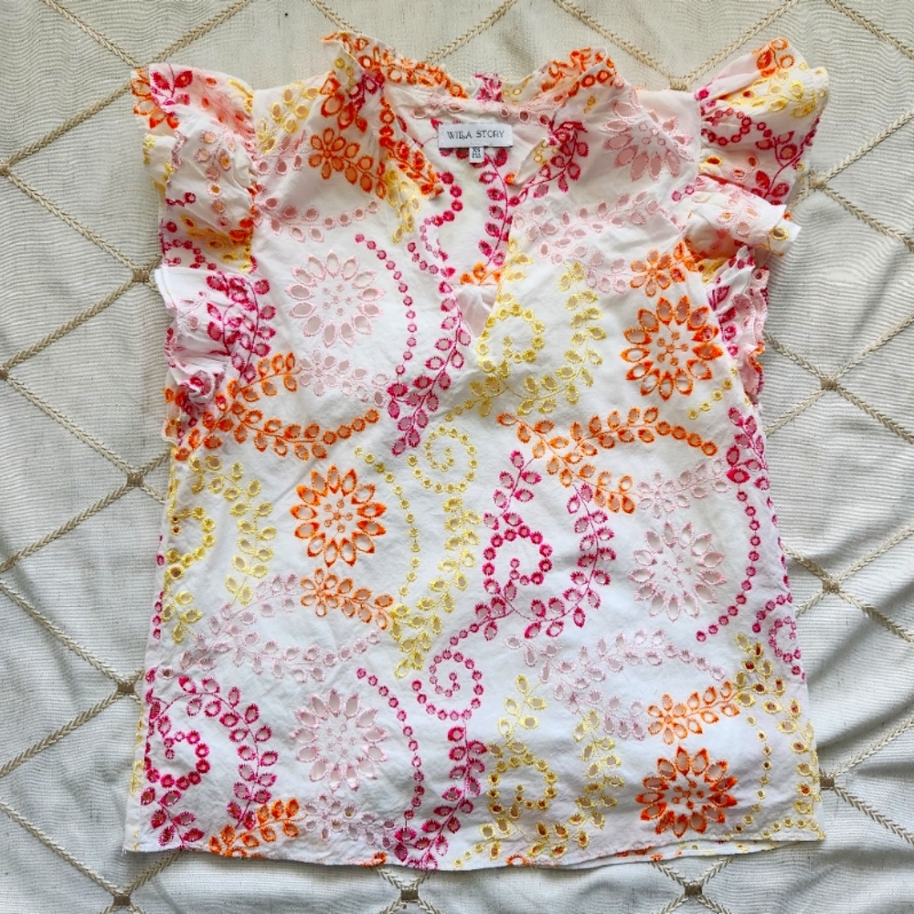 Willa Story Embroidered Top XS Multi‎ Color Floral Pink Orange Yellow White